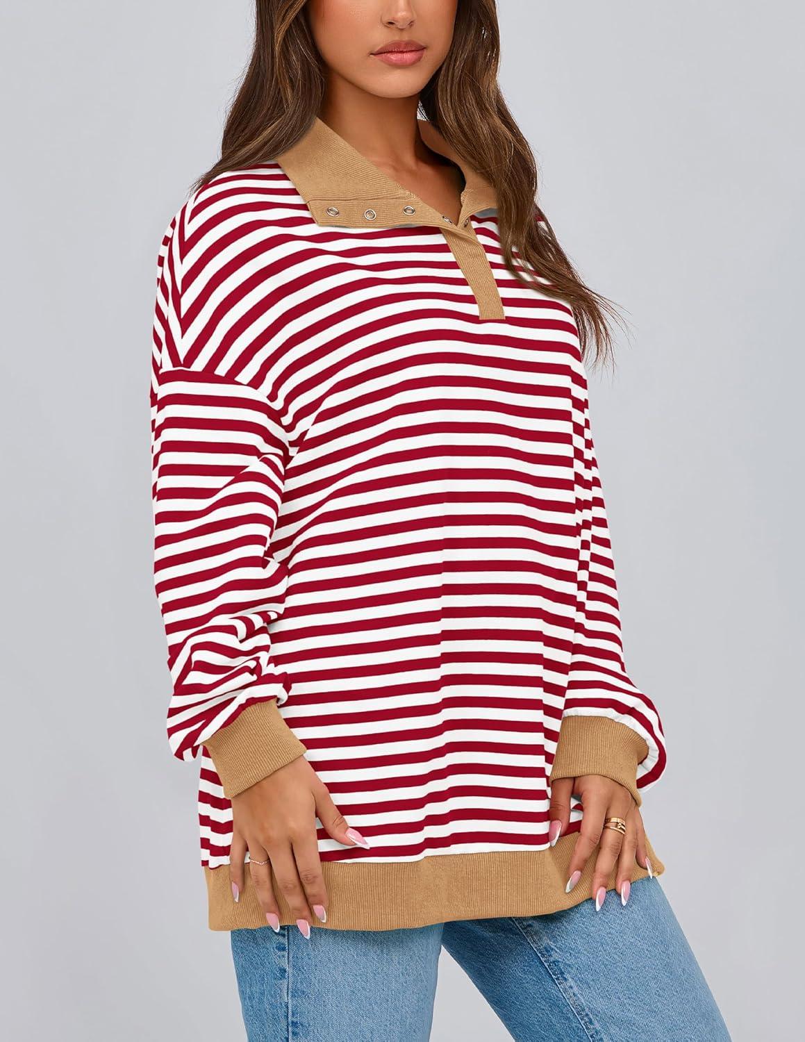 imagePRETTYGARDEN Womens Oversized Striped Sweatshirts Spring Fall Trendy Casual Long Sleeve Button Up Tops Shirt Preppy ClothesStriped Red White