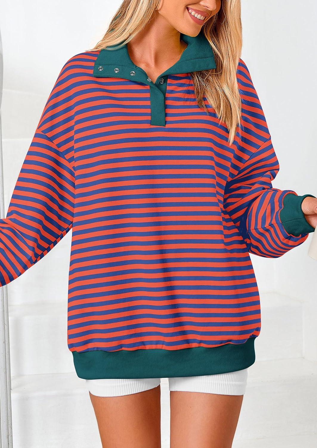 imagePRETTYGARDEN Womens Oversized Striped Sweatshirts Spring Fall Trendy Casual Long Sleeve Button Up Tops Shirt Preppy ClothesStriped Rust Red Blue