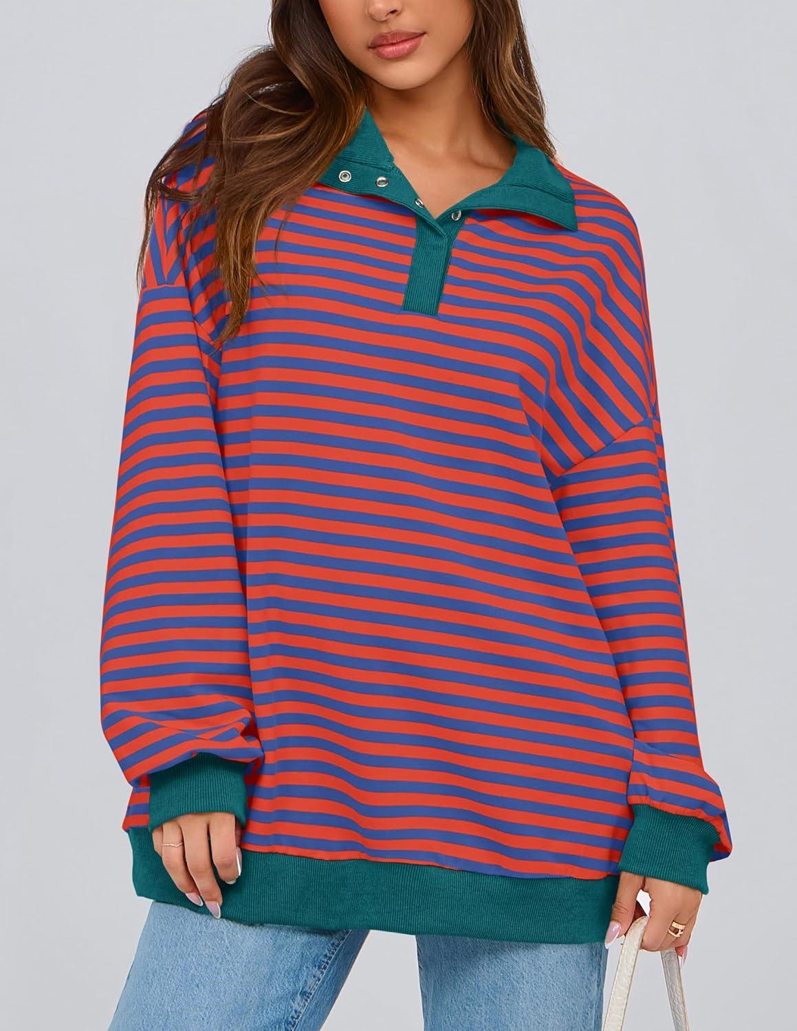 imagePRETTYGARDEN Womens Oversized Striped Sweatshirts Spring Fall Trendy Casual Long Sleeve Button Up Tops Shirt Preppy ClothesStriped Rust Red Blue