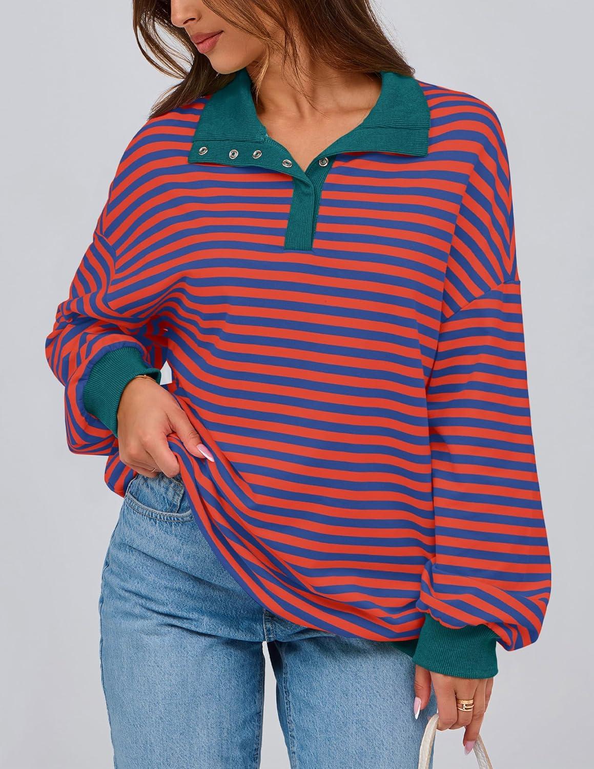 imagePRETTYGARDEN Womens Oversized Striped Sweatshirts Spring Fall Trendy Casual Long Sleeve Button Up Tops Shirt Preppy ClothesStriped Rust Red Blue