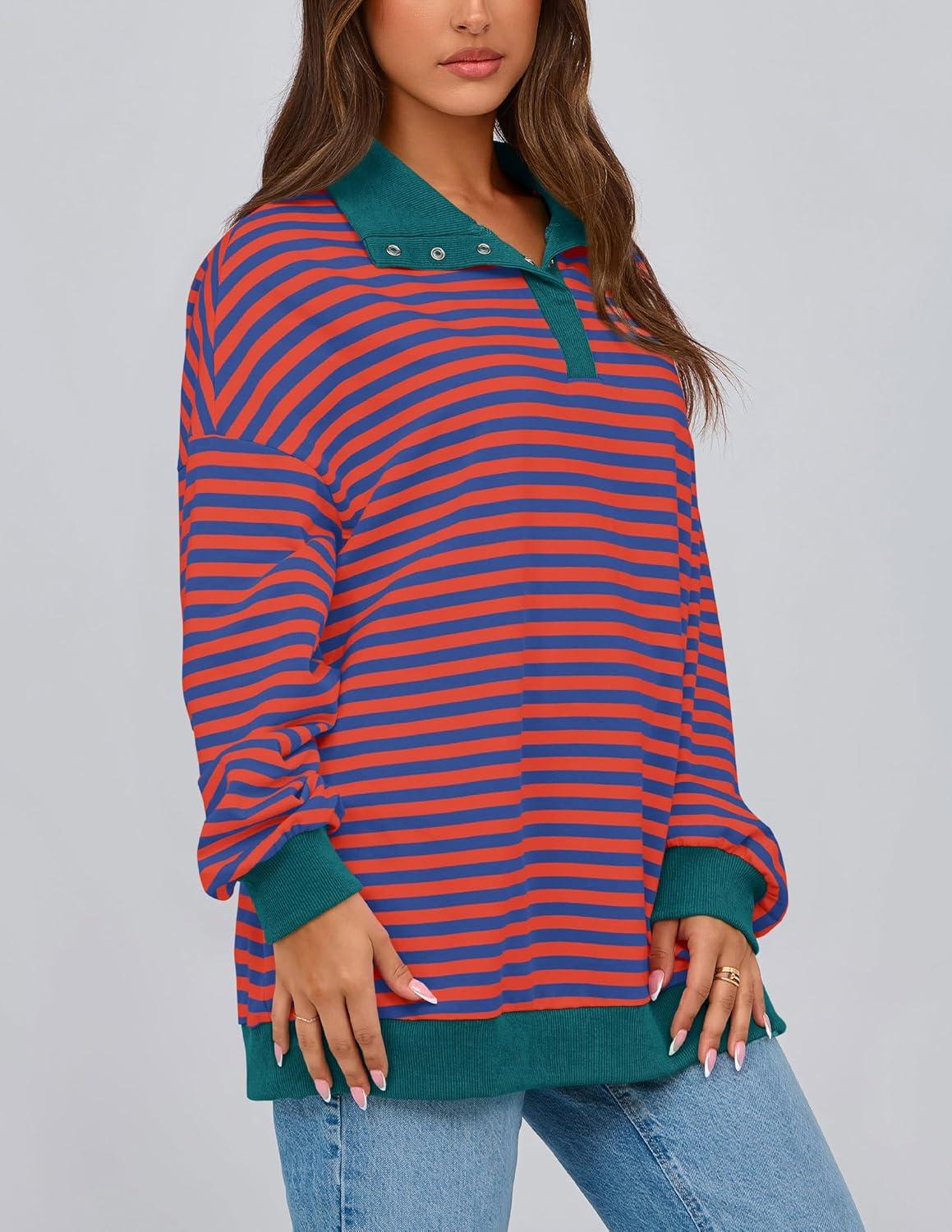 imagePRETTYGARDEN Womens Oversized Striped Sweatshirts Spring Fall Trendy Casual Long Sleeve Button Up Tops Shirt Preppy ClothesStriped Rust Red Blue