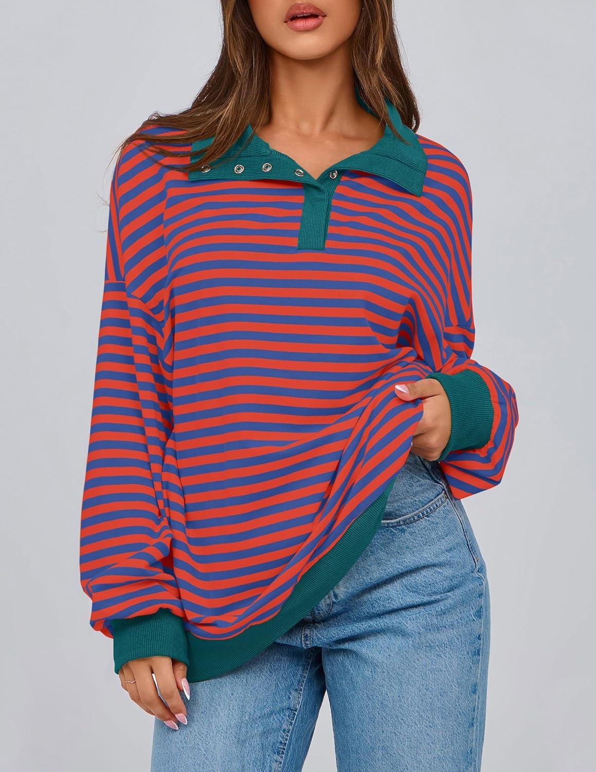 imagePRETTYGARDEN Womens Oversized Striped Sweatshirts Spring Fall Trendy Casual Long Sleeve Button Up Tops Shirt Preppy ClothesStriped Rust Red Blue