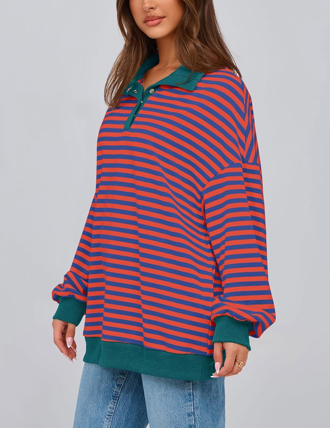 imagePRETTYGARDEN Womens Oversized Striped Sweatshirts Spring Fall Trendy Casual Long Sleeve Button Up Tops Shirt Preppy ClothesStriped Rust Red Blue