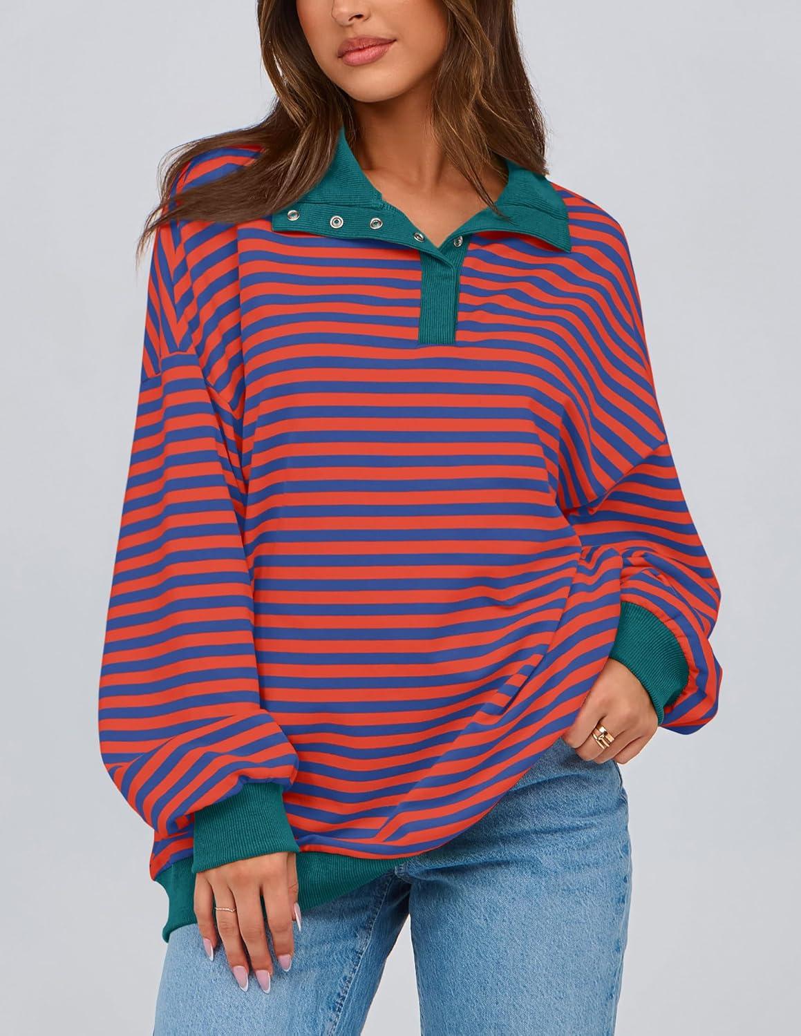 imagePRETTYGARDEN Womens Oversized Striped Sweatshirts Spring Fall Trendy Casual Long Sleeve Button Up Tops Shirt Preppy ClothesStriped Rust Red Blue