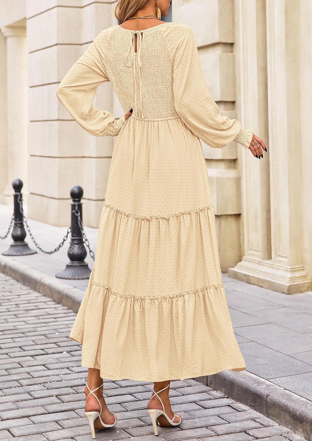 imagePRETTYGARDEN Womens Smocked Maxi Dress 2025 Fall Casual Long Sleeve Swiss Dot Ruffle Long Flowy Wedding Guest DressesBeige