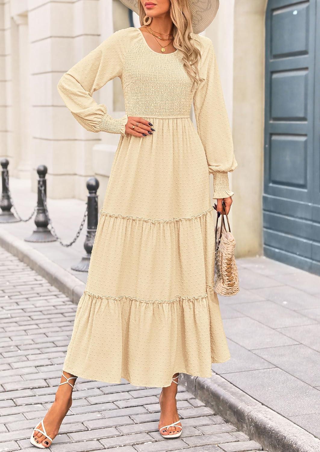 imagePRETTYGARDEN Womens Smocked Maxi Dress 2025 Fall Casual Long Sleeve Swiss Dot Ruffle Long Flowy Wedding Guest DressesBeige