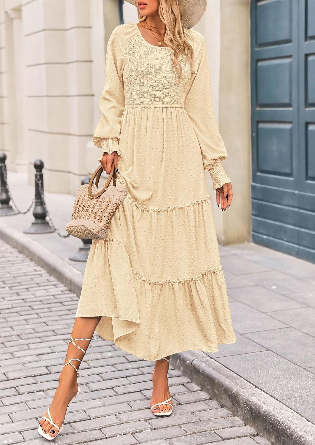 imagePRETTYGARDEN Womens Smocked Maxi Dress 2025 Fall Casual Long Sleeve Swiss Dot Ruffle Long Flowy Wedding Guest DressesBeige