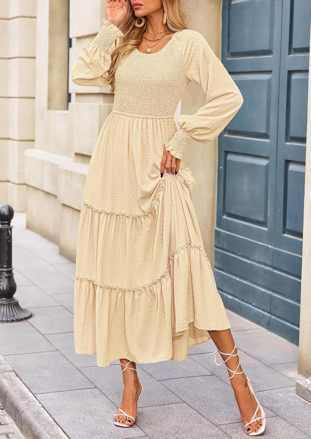 imagePRETTYGARDEN Womens Smocked Maxi Dress 2025 Fall Casual Long Sleeve Swiss Dot Ruffle Long Flowy Wedding Guest DressesBeige
