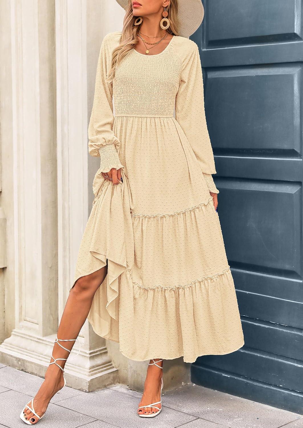 imagePRETTYGARDEN Womens Smocked Maxi Dress 2025 Fall Casual Long Sleeve Swiss Dot Ruffle Long Flowy Wedding Guest DressesBeige