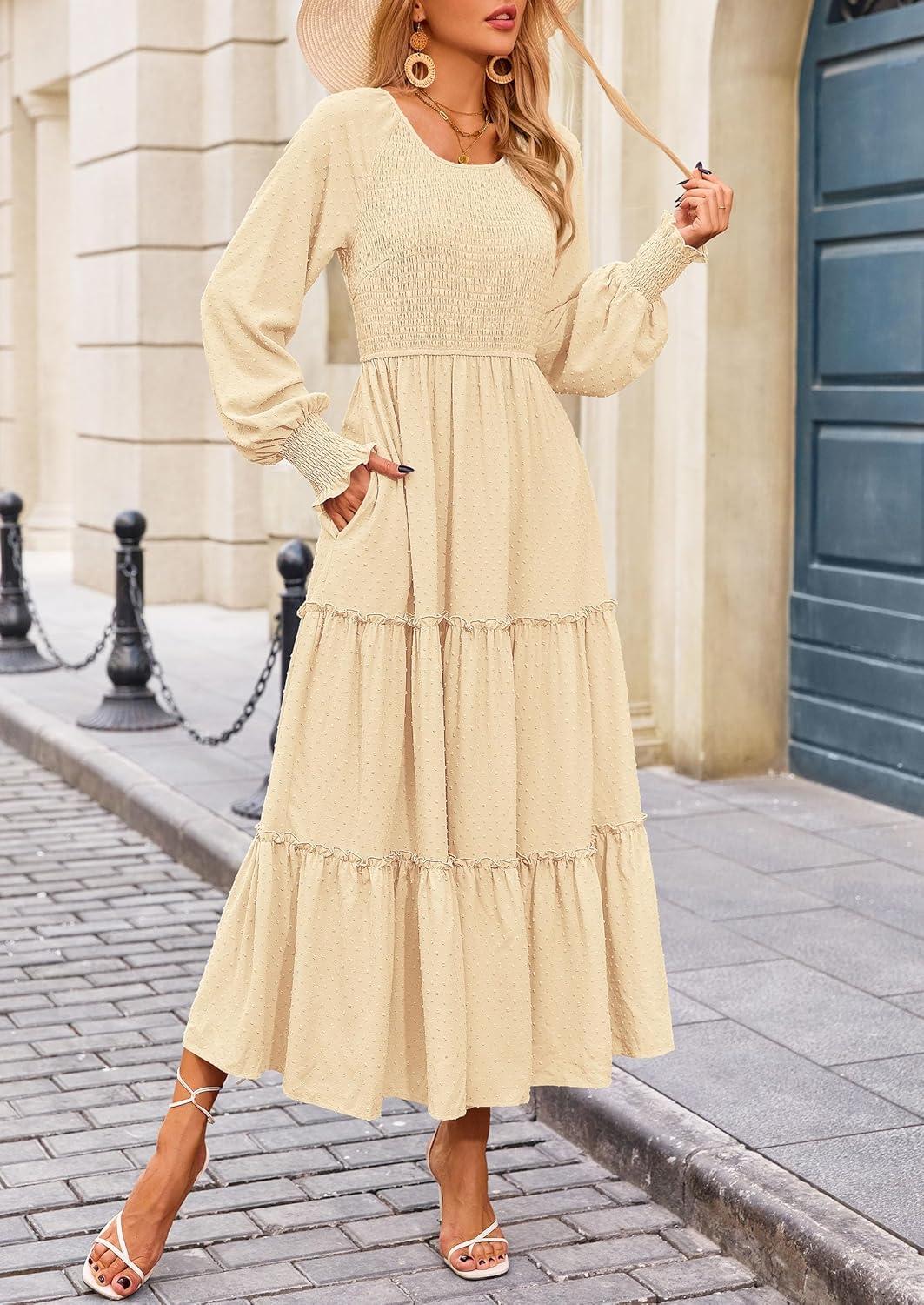 imagePRETTYGARDEN Womens Smocked Maxi Dress 2025 Fall Casual Long Sleeve Swiss Dot Ruffle Long Flowy Wedding Guest DressesBeige