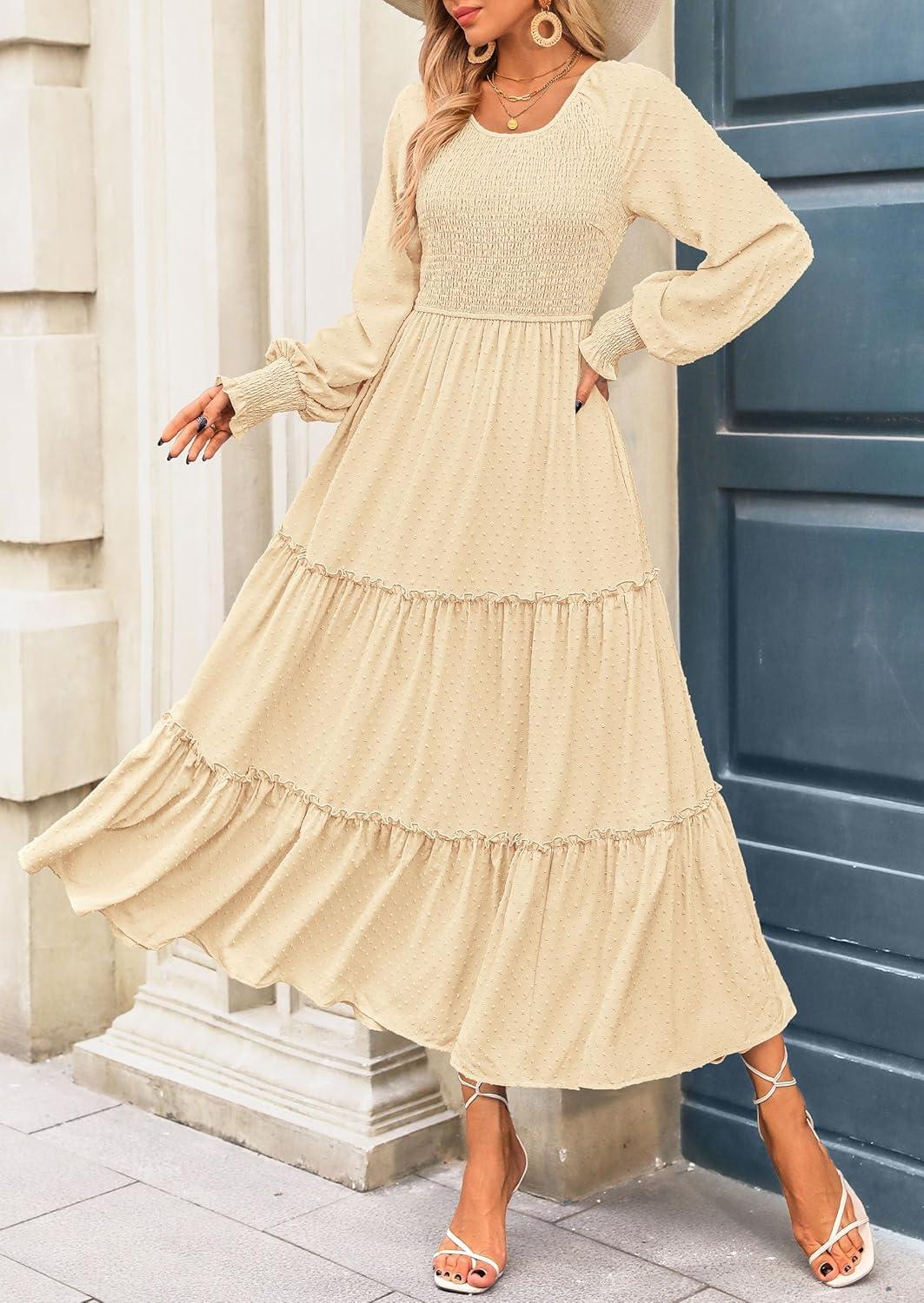 imagePRETTYGARDEN Womens Smocked Maxi Dress 2025 Fall Casual Long Sleeve Swiss Dot Ruffle Long Flowy Wedding Guest DressesBeige