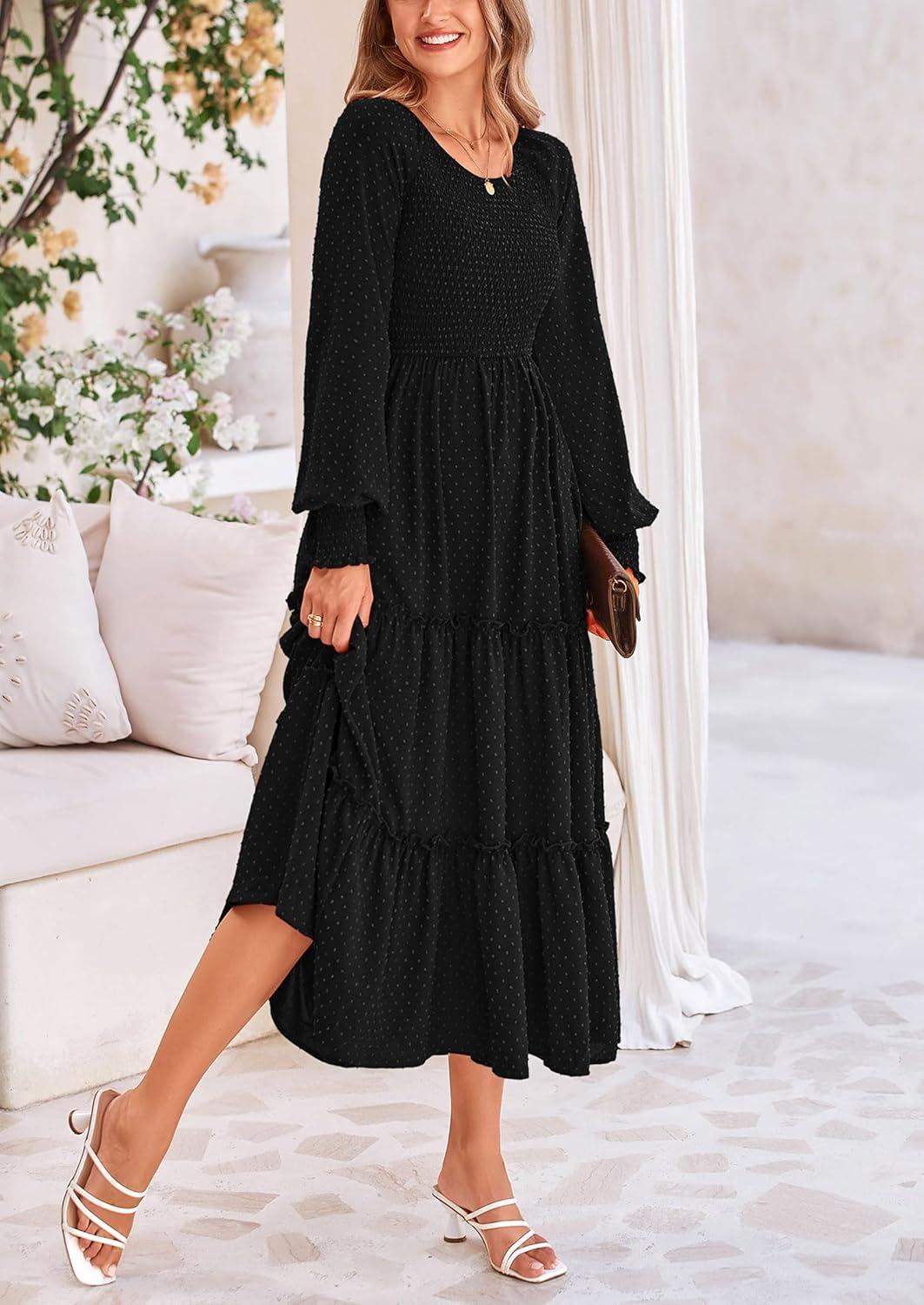 imagePRETTYGARDEN Womens Smocked Maxi Dress 2025 Fall Casual Long Sleeve Swiss Dot Ruffle Long Flowy Wedding Guest DressesBlack