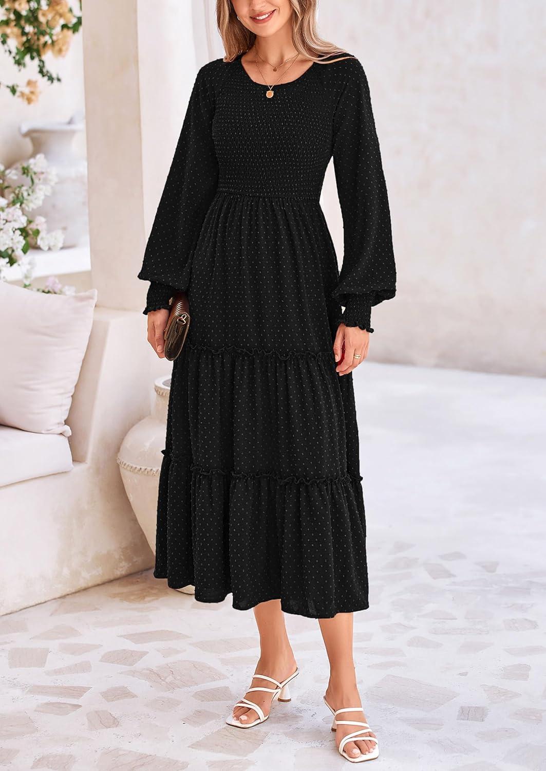 imagePRETTYGARDEN Womens Smocked Maxi Dress 2025 Fall Casual Long Sleeve Swiss Dot Ruffle Long Flowy Wedding Guest DressesBlack