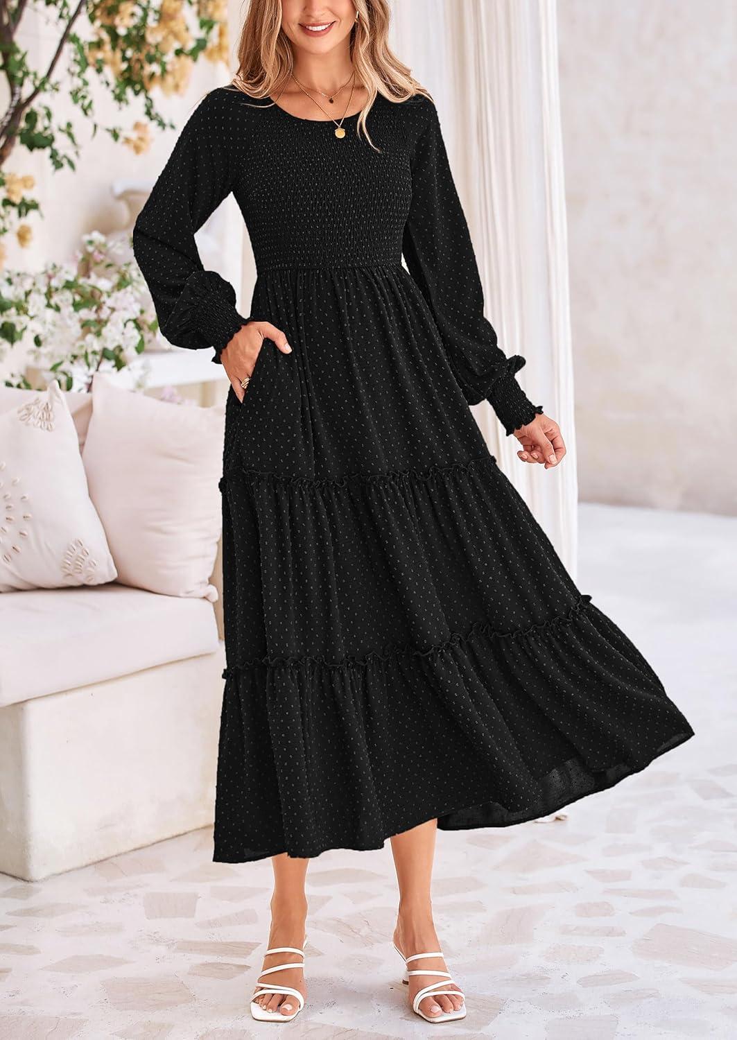 imagePRETTYGARDEN Womens Smocked Maxi Dress 2025 Fall Casual Long Sleeve Swiss Dot Ruffle Long Flowy Wedding Guest DressesBlack