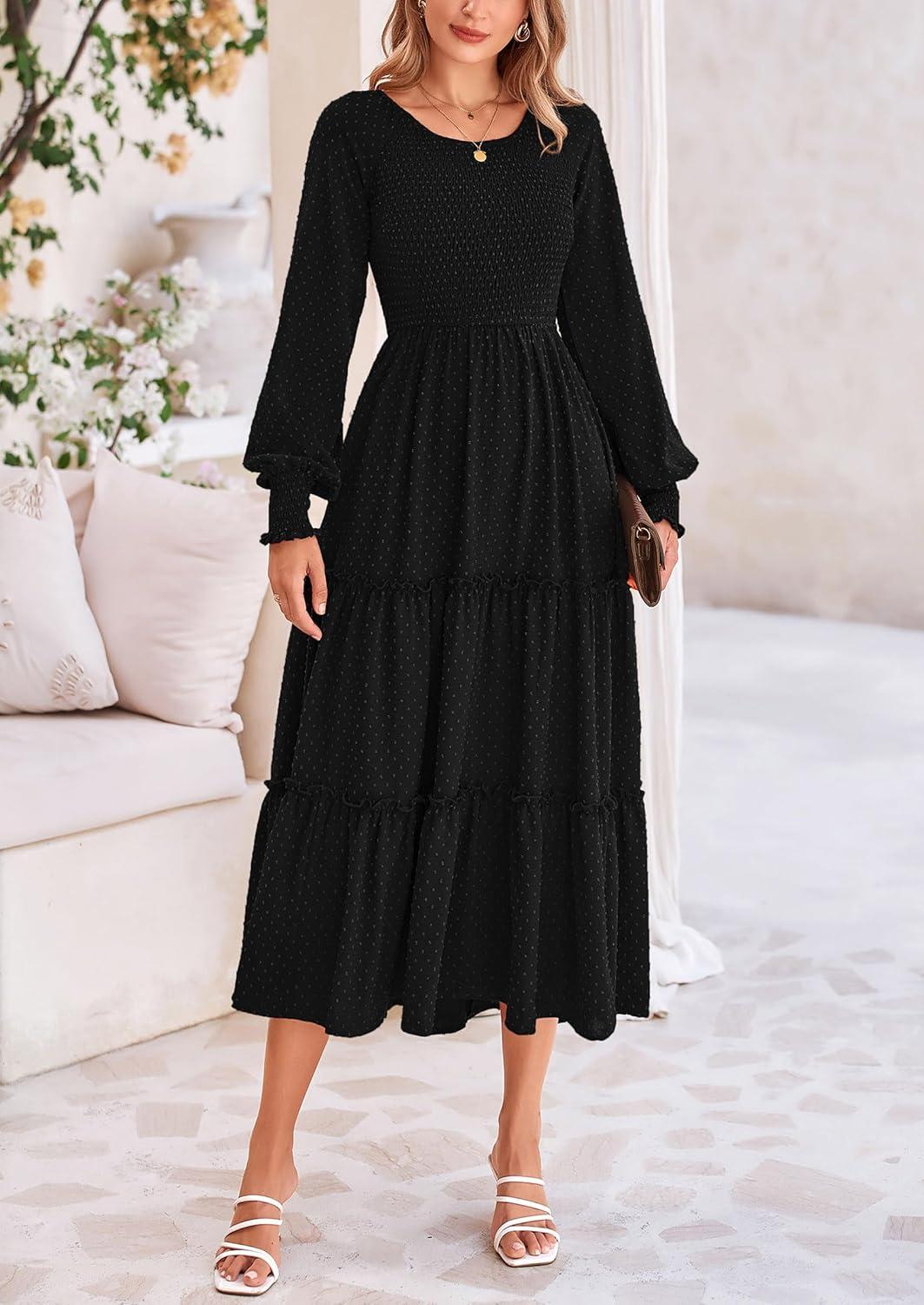imagePRETTYGARDEN Womens Smocked Maxi Dress 2025 Fall Casual Long Sleeve Swiss Dot Ruffle Long Flowy Wedding Guest DressesBlack