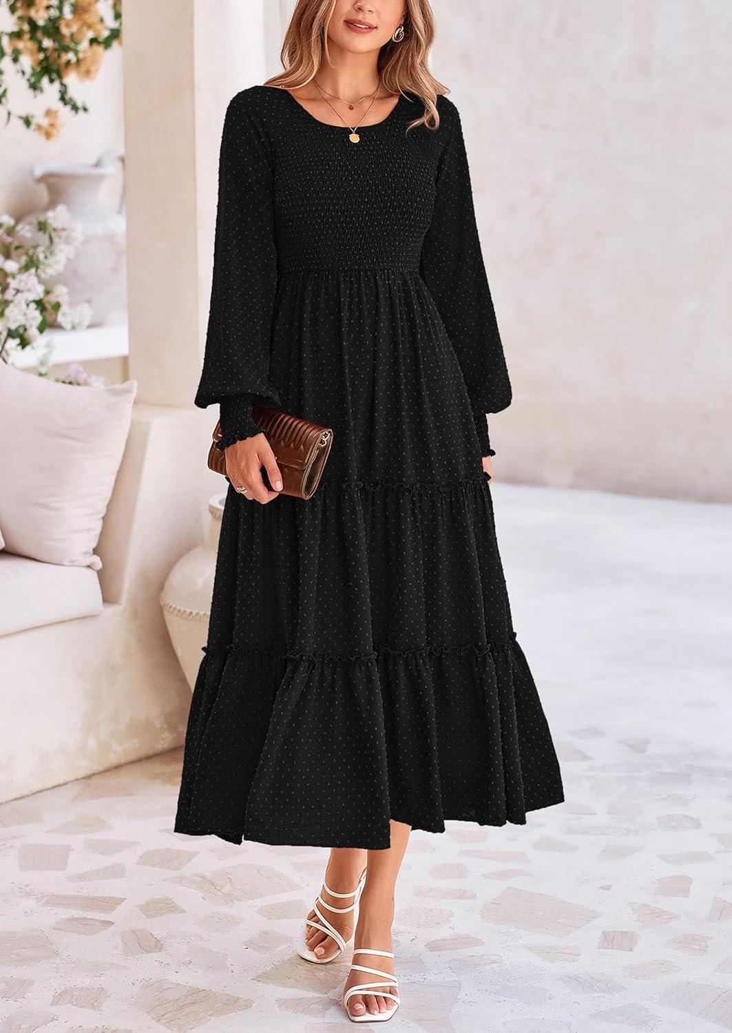 imagePRETTYGARDEN Womens Smocked Maxi Dress 2025 Fall Casual Long Sleeve Swiss Dot Ruffle Long Flowy Wedding Guest DressesBlack