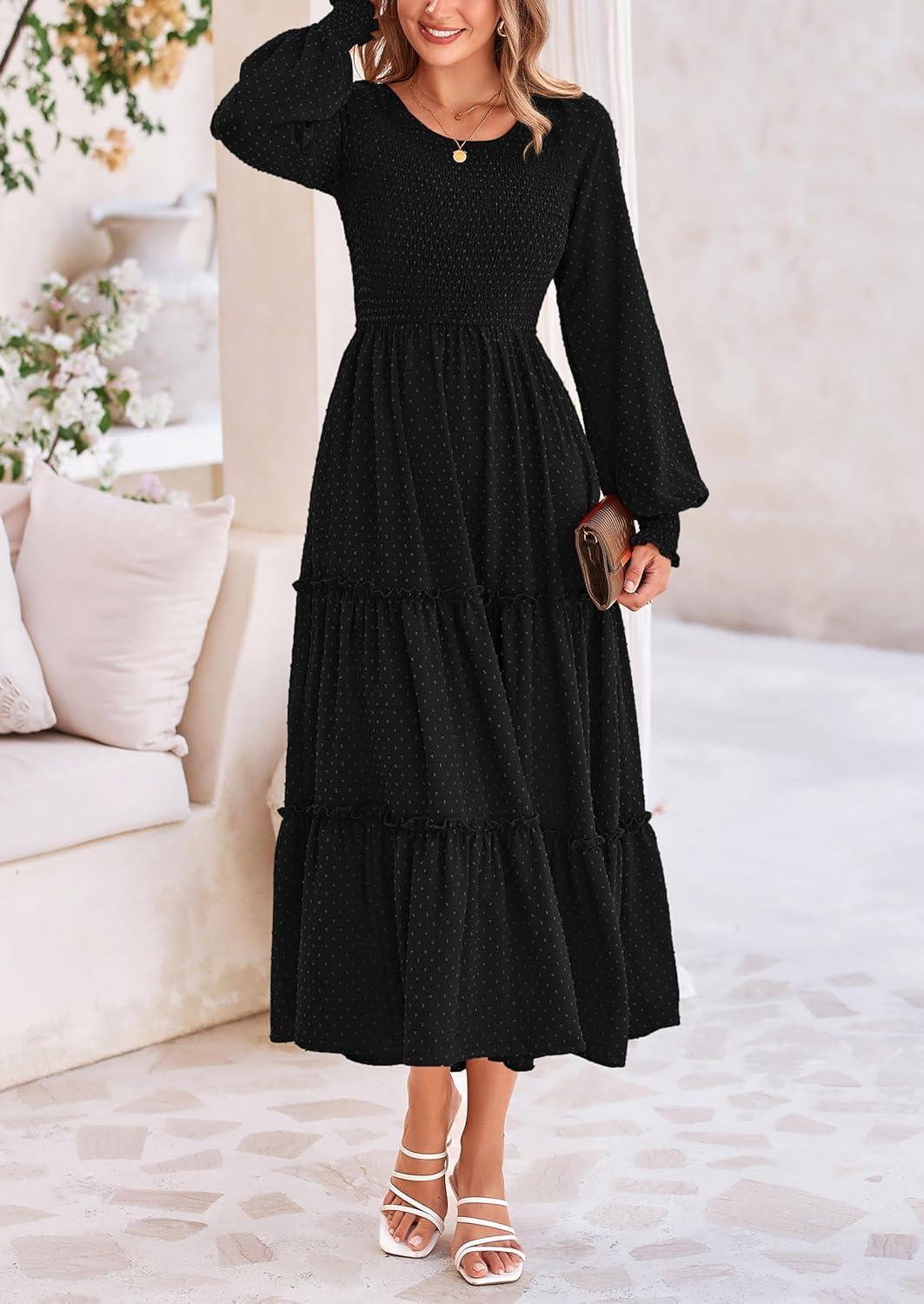 imagePRETTYGARDEN Womens Smocked Maxi Dress 2025 Fall Casual Long Sleeve Swiss Dot Ruffle Long Flowy Wedding Guest DressesBlack
