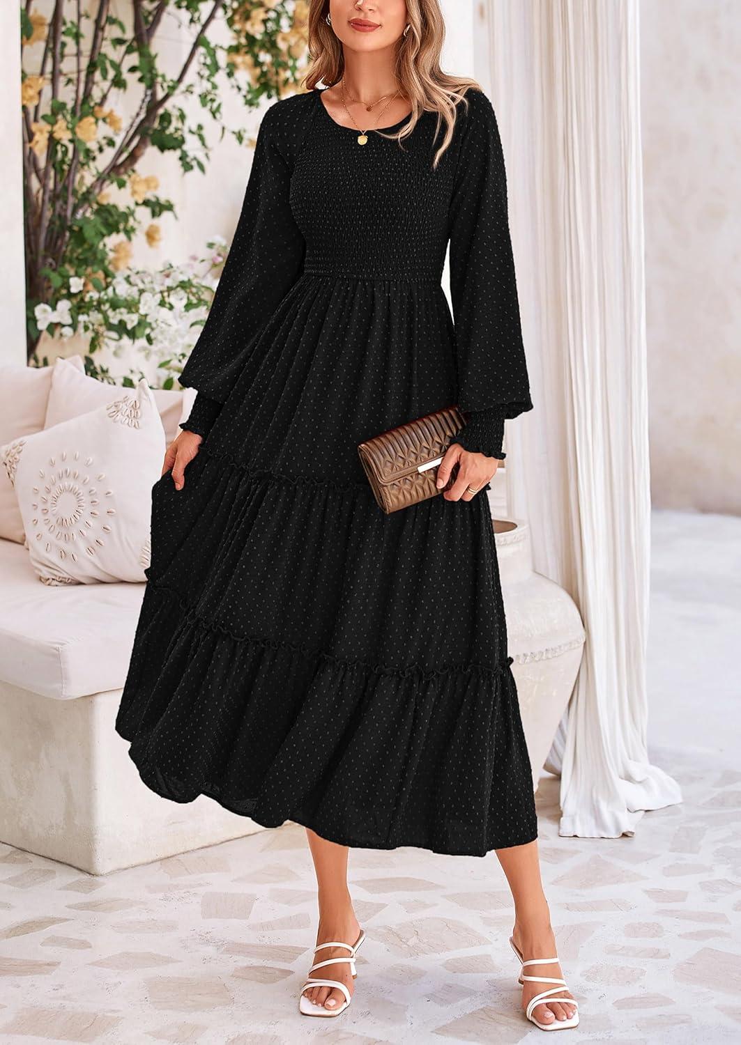 imagePRETTYGARDEN Womens Smocked Maxi Dress 2025 Fall Casual Long Sleeve Swiss Dot Ruffle Long Flowy Wedding Guest DressesBlack