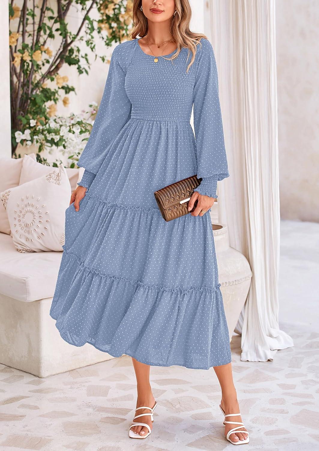 imagePRETTYGARDEN Womens Smocked Maxi Dress 2025 Fall Casual Long Sleeve Swiss Dot Ruffle Long Flowy Wedding Guest DressesGrey Blue