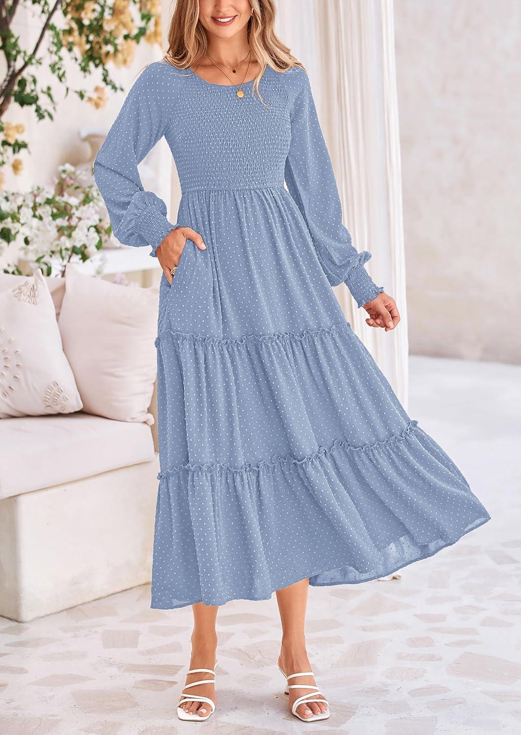 imagePRETTYGARDEN Womens Smocked Maxi Dress 2025 Fall Casual Long Sleeve Swiss Dot Ruffle Long Flowy Wedding Guest DressesGrey Blue