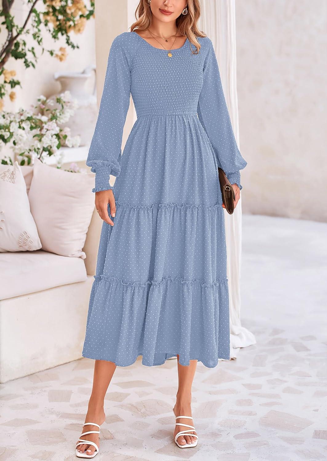 imagePRETTYGARDEN Womens Smocked Maxi Dress 2025 Fall Casual Long Sleeve Swiss Dot Ruffle Long Flowy Wedding Guest DressesGrey Blue