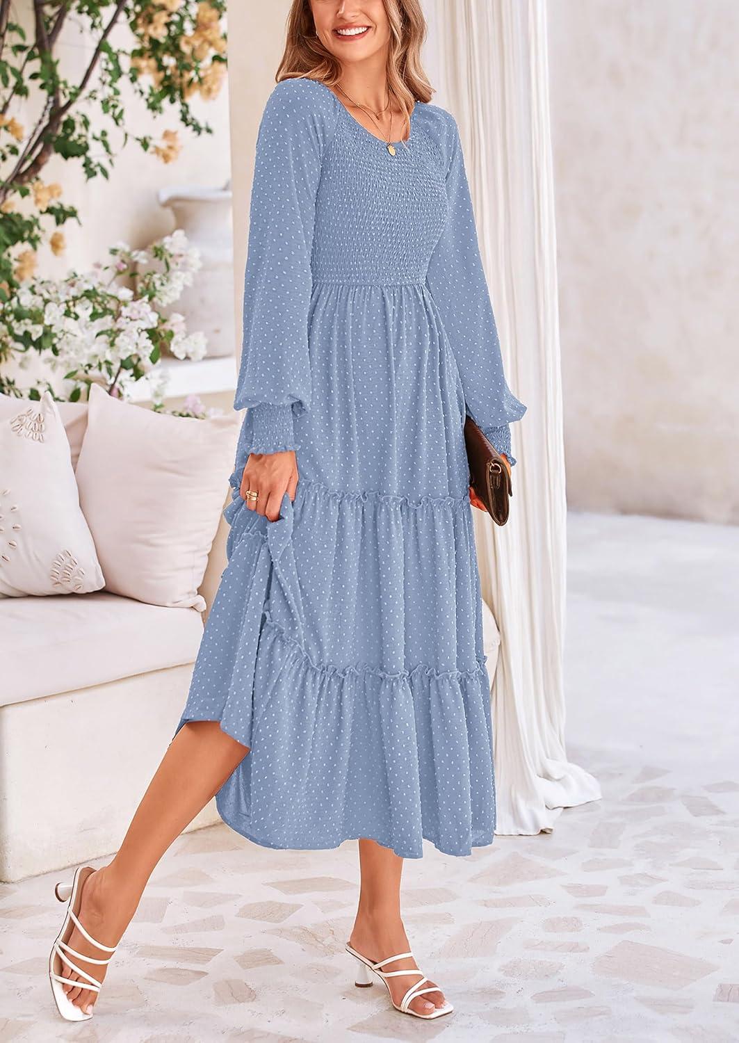imagePRETTYGARDEN Womens Smocked Maxi Dress 2025 Fall Casual Long Sleeve Swiss Dot Ruffle Long Flowy Wedding Guest DressesGrey Blue