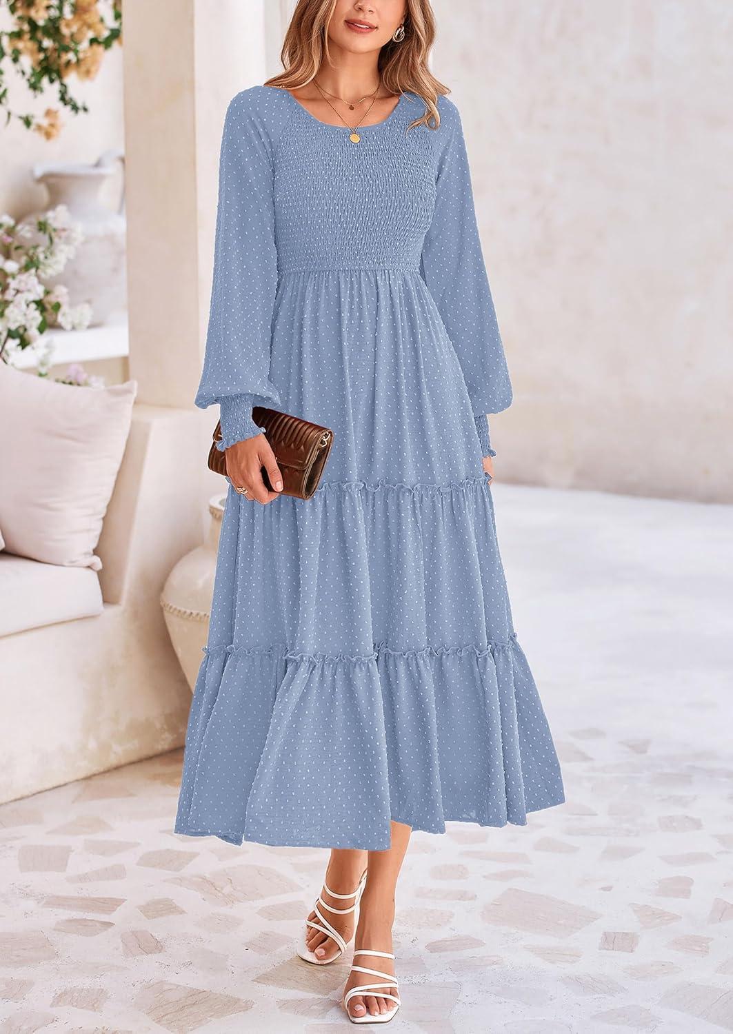 imagePRETTYGARDEN Womens Smocked Maxi Dress 2025 Fall Casual Long Sleeve Swiss Dot Ruffle Long Flowy Wedding Guest DressesGrey Blue