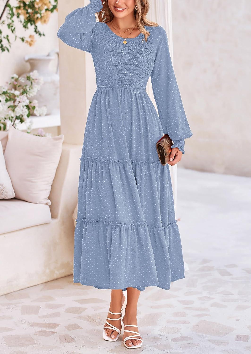 imagePRETTYGARDEN Womens Smocked Maxi Dress 2025 Fall Casual Long Sleeve Swiss Dot Ruffle Long Flowy Wedding Guest DressesGrey Blue