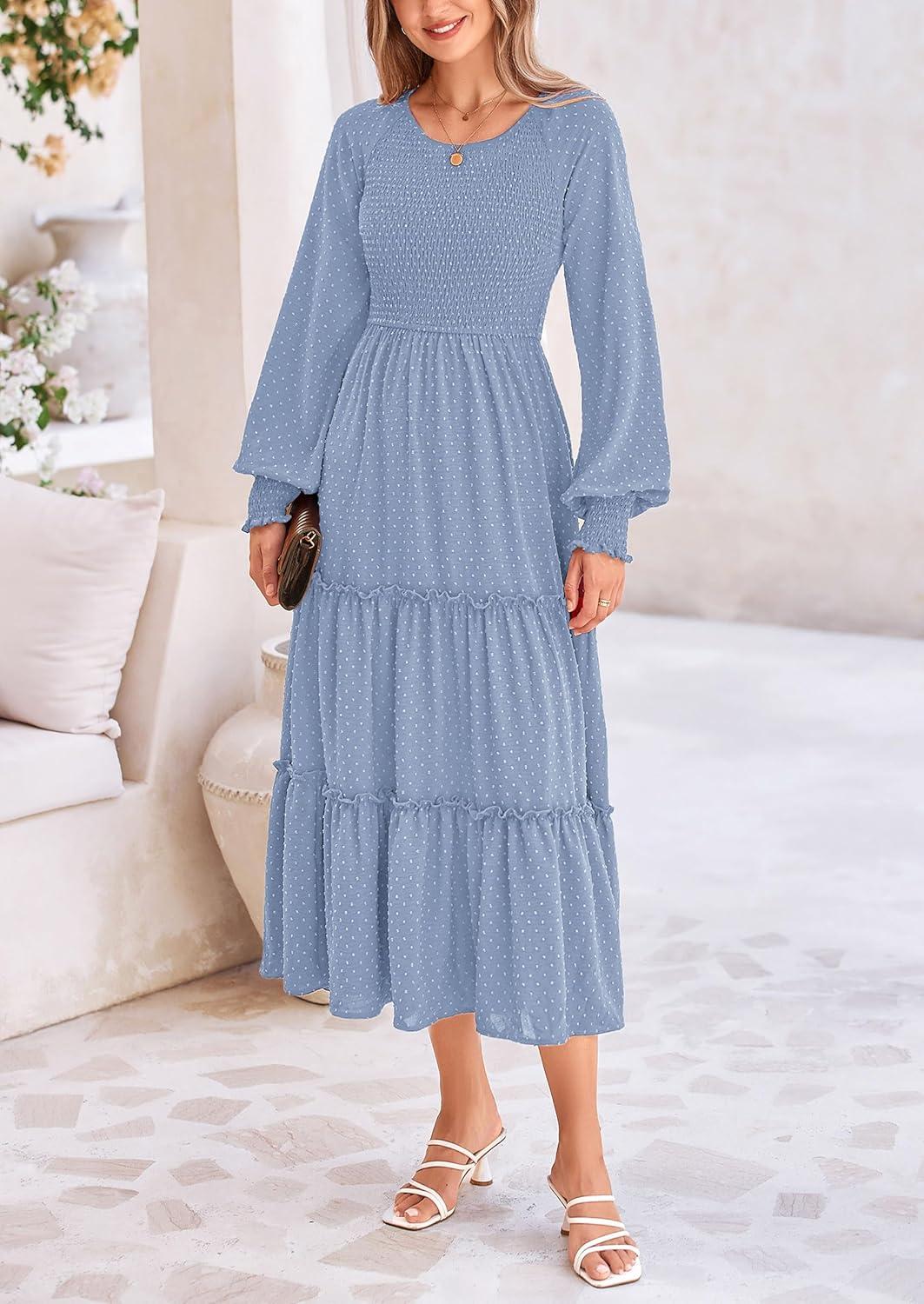 imagePRETTYGARDEN Womens Smocked Maxi Dress 2025 Fall Casual Long Sleeve Swiss Dot Ruffle Long Flowy Wedding Guest DressesGrey Blue