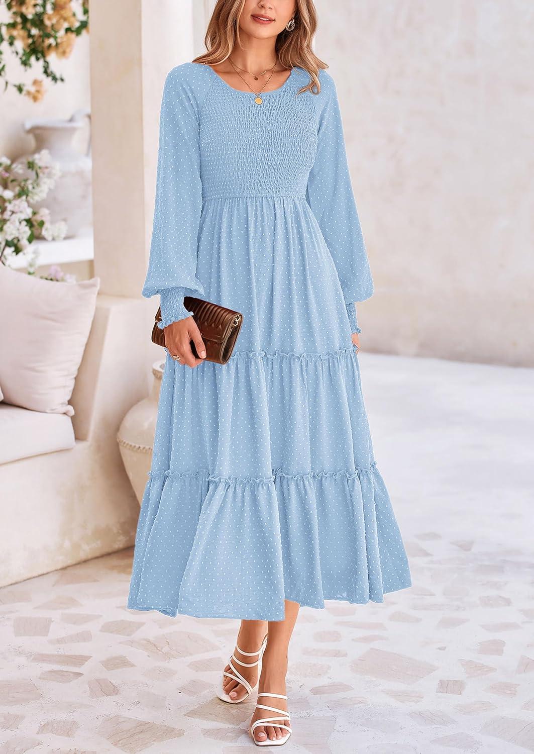 imagePRETTYGARDEN Womens Smocked Maxi Dress 2025 Fall Casual Long Sleeve Swiss Dot Ruffle Long Flowy Wedding Guest DressesLight Blue