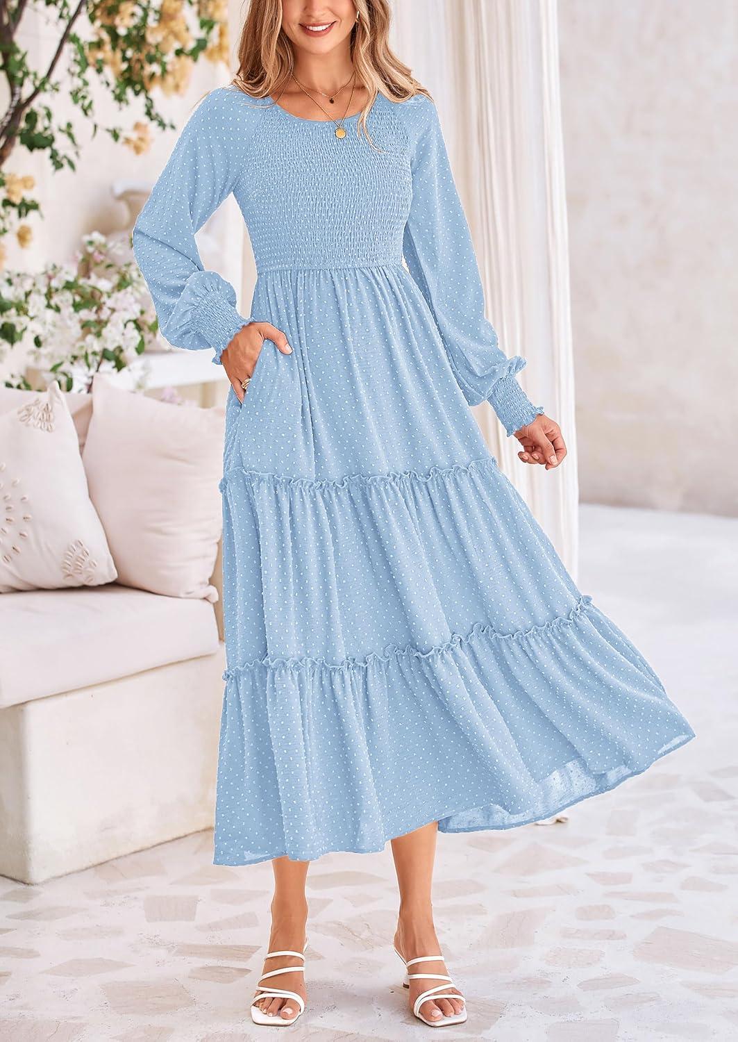 imagePRETTYGARDEN Womens Smocked Maxi Dress 2025 Fall Casual Long Sleeve Swiss Dot Ruffle Long Flowy Wedding Guest DressesLight Blue