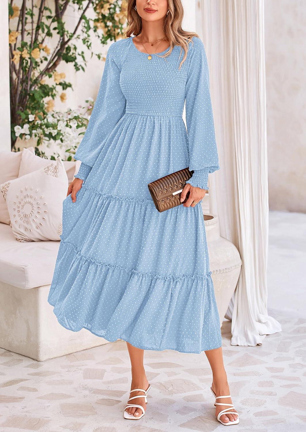imagePRETTYGARDEN Womens Smocked Maxi Dress 2025 Fall Casual Long Sleeve Swiss Dot Ruffle Long Flowy Wedding Guest DressesLight Blue