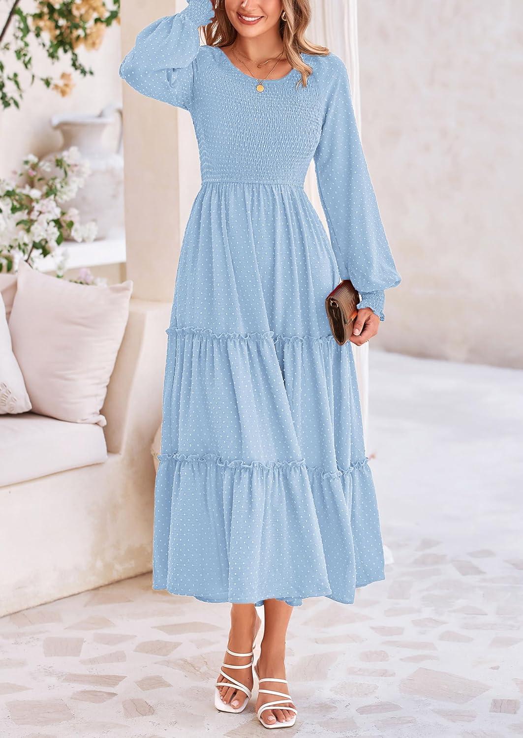 imagePRETTYGARDEN Womens Smocked Maxi Dress 2025 Fall Casual Long Sleeve Swiss Dot Ruffle Long Flowy Wedding Guest DressesLight Blue
