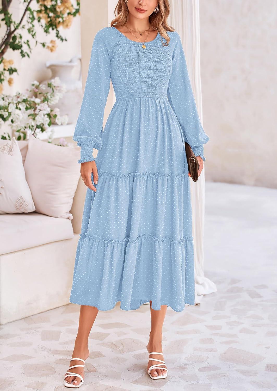 imagePRETTYGARDEN Womens Smocked Maxi Dress 2025 Fall Casual Long Sleeve Swiss Dot Ruffle Long Flowy Wedding Guest DressesLight Blue
