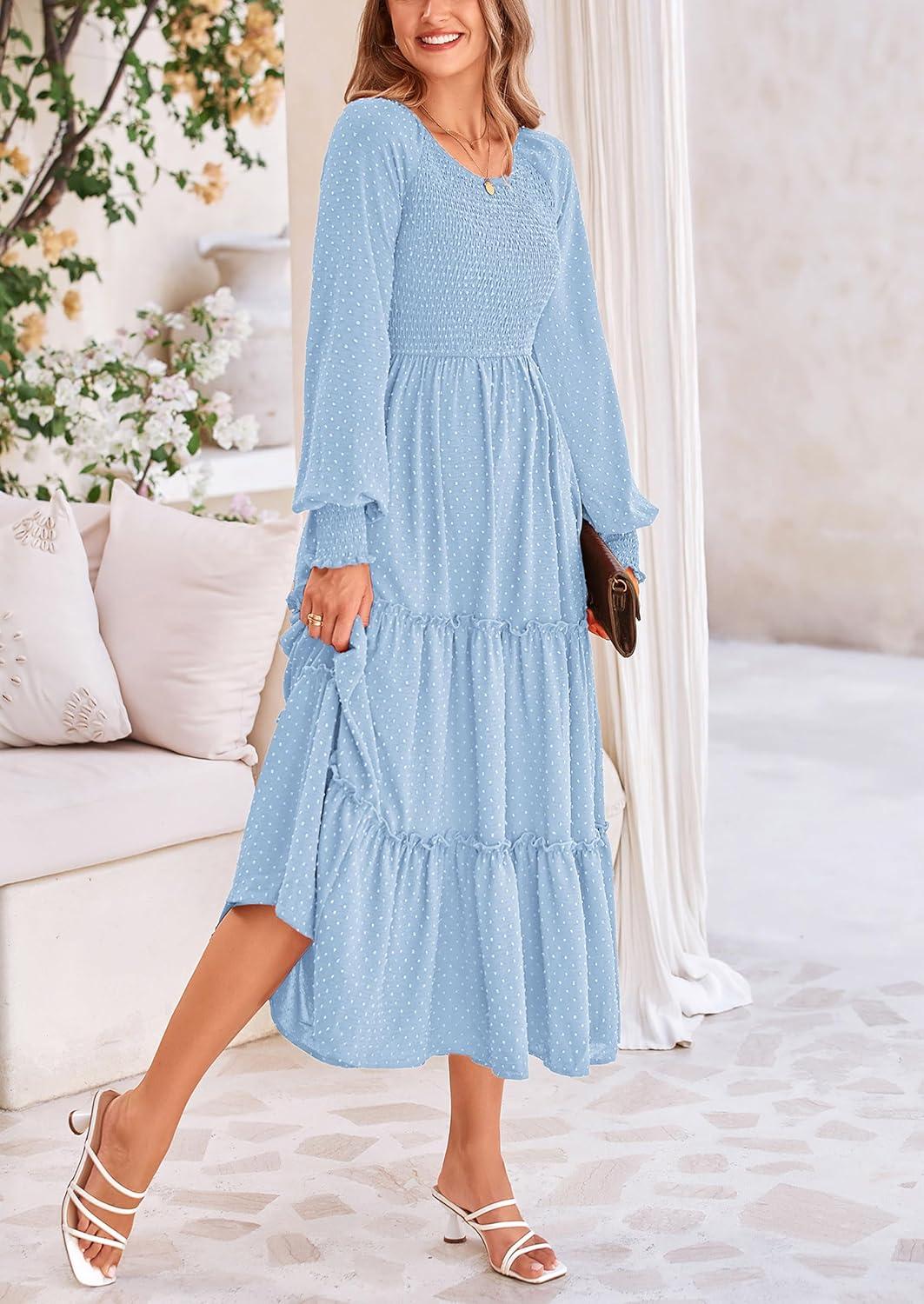 imagePRETTYGARDEN Womens Smocked Maxi Dress 2025 Fall Casual Long Sleeve Swiss Dot Ruffle Long Flowy Wedding Guest DressesLight Blue