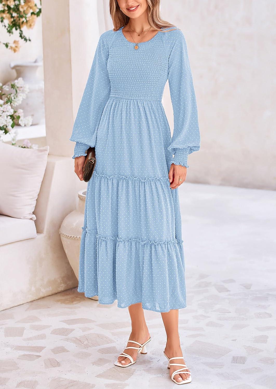 imagePRETTYGARDEN Womens Smocked Maxi Dress 2025 Fall Casual Long Sleeve Swiss Dot Ruffle Long Flowy Wedding Guest DressesLight Blue