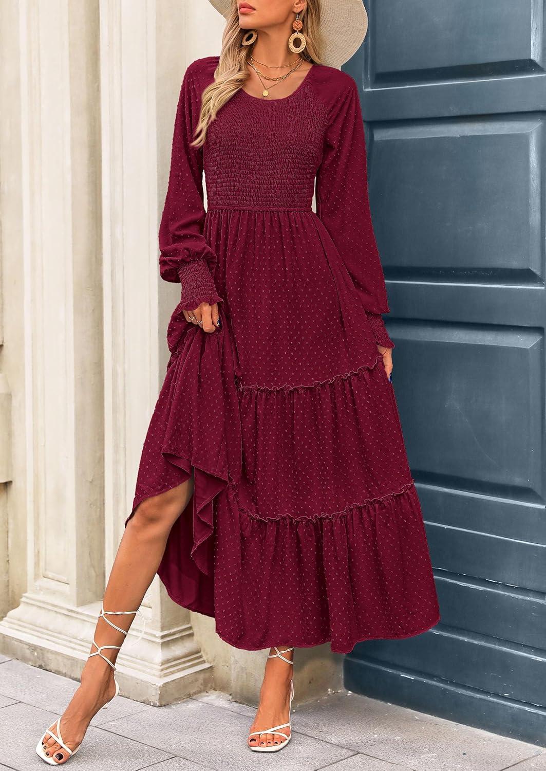 imagePRETTYGARDEN Womens Smocked Maxi Dress 2025 Fall Casual Long Sleeve Swiss Dot Ruffle Long Flowy Wedding Guest DressesWine Red