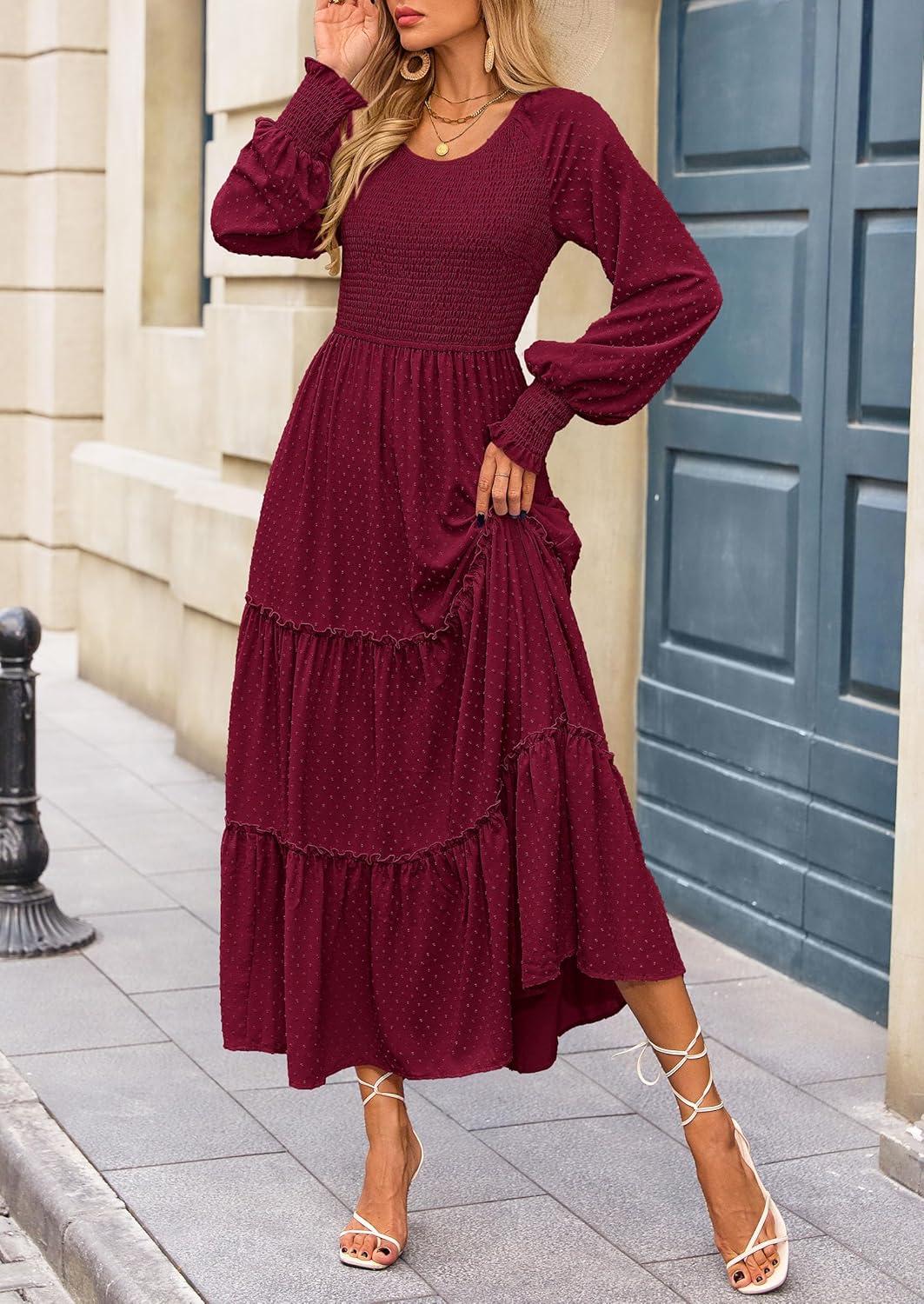 imagePRETTYGARDEN Womens Smocked Maxi Dress 2025 Fall Casual Long Sleeve Swiss Dot Ruffle Long Flowy Wedding Guest DressesWine Red
