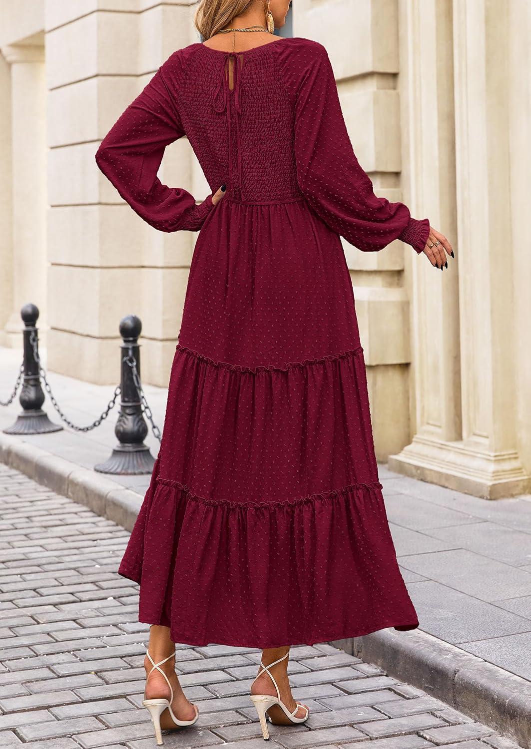 imagePRETTYGARDEN Womens Smocked Maxi Dress 2025 Fall Casual Long Sleeve Swiss Dot Ruffle Long Flowy Wedding Guest DressesWine Red