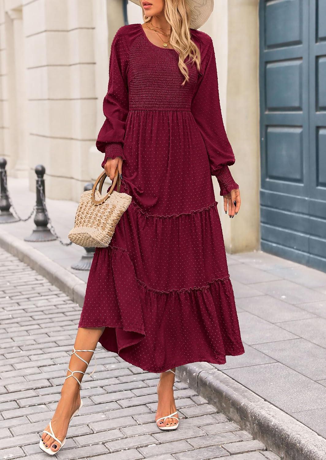 imagePRETTYGARDEN Womens Smocked Maxi Dress 2025 Fall Casual Long Sleeve Swiss Dot Ruffle Long Flowy Wedding Guest DressesWine Red