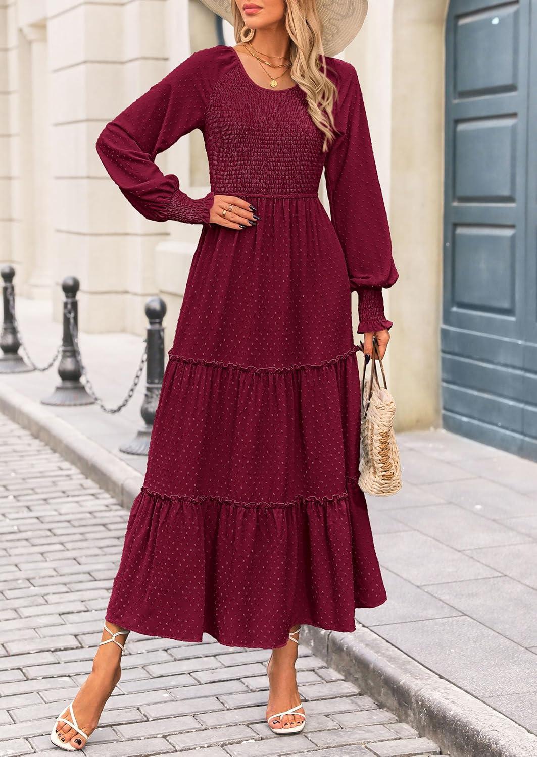 imagePRETTYGARDEN Womens Smocked Maxi Dress 2025 Fall Casual Long Sleeve Swiss Dot Ruffle Long Flowy Wedding Guest DressesWine Red