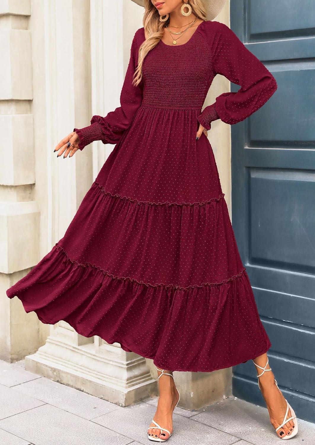 imagePRETTYGARDEN Womens Smocked Maxi Dress 2025 Fall Casual Long Sleeve Swiss Dot Ruffle Long Flowy Wedding Guest DressesWine Red