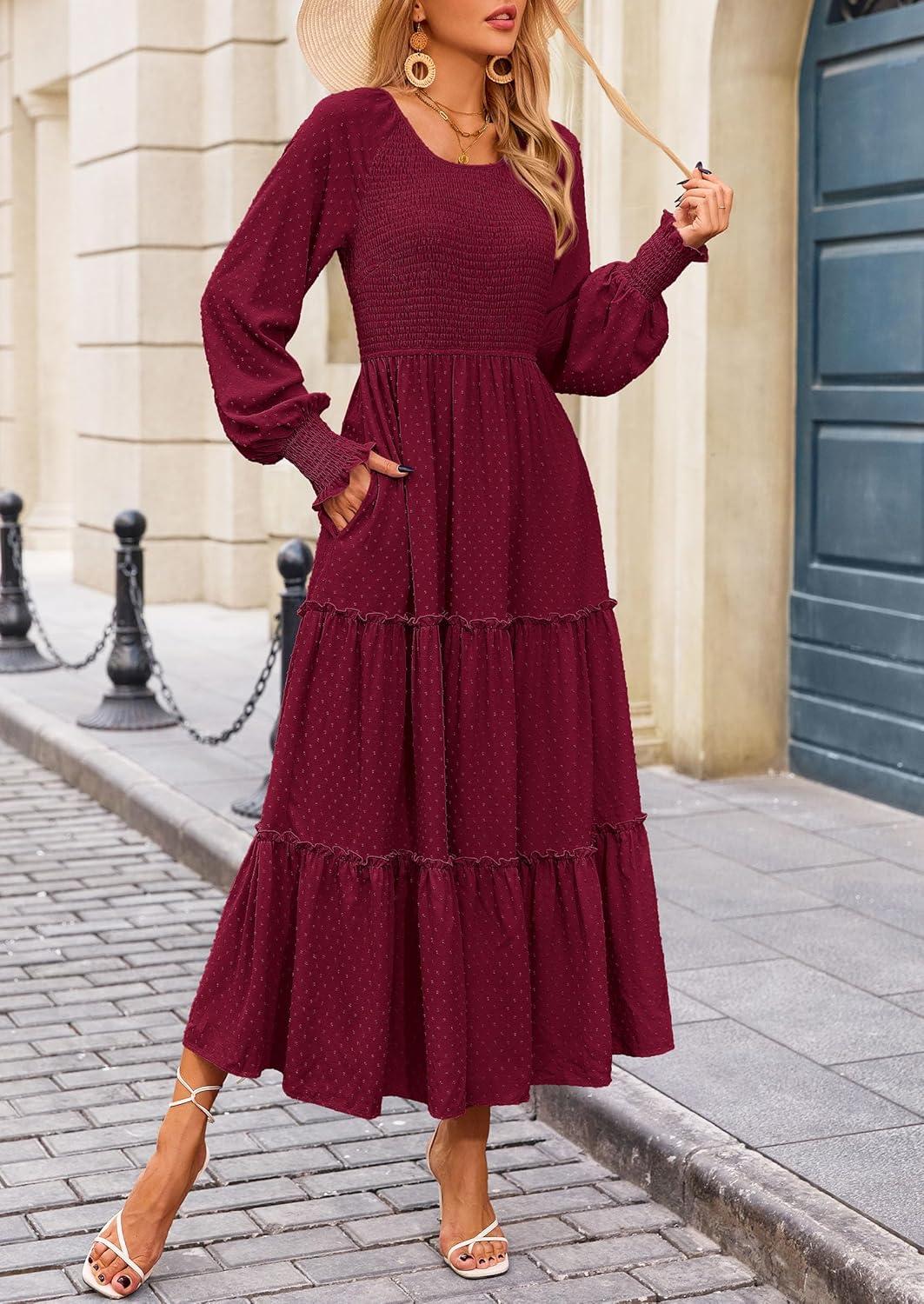 imagePRETTYGARDEN Womens Smocked Maxi Dress 2025 Fall Casual Long Sleeve Swiss Dot Ruffle Long Flowy Wedding Guest DressesWine Red