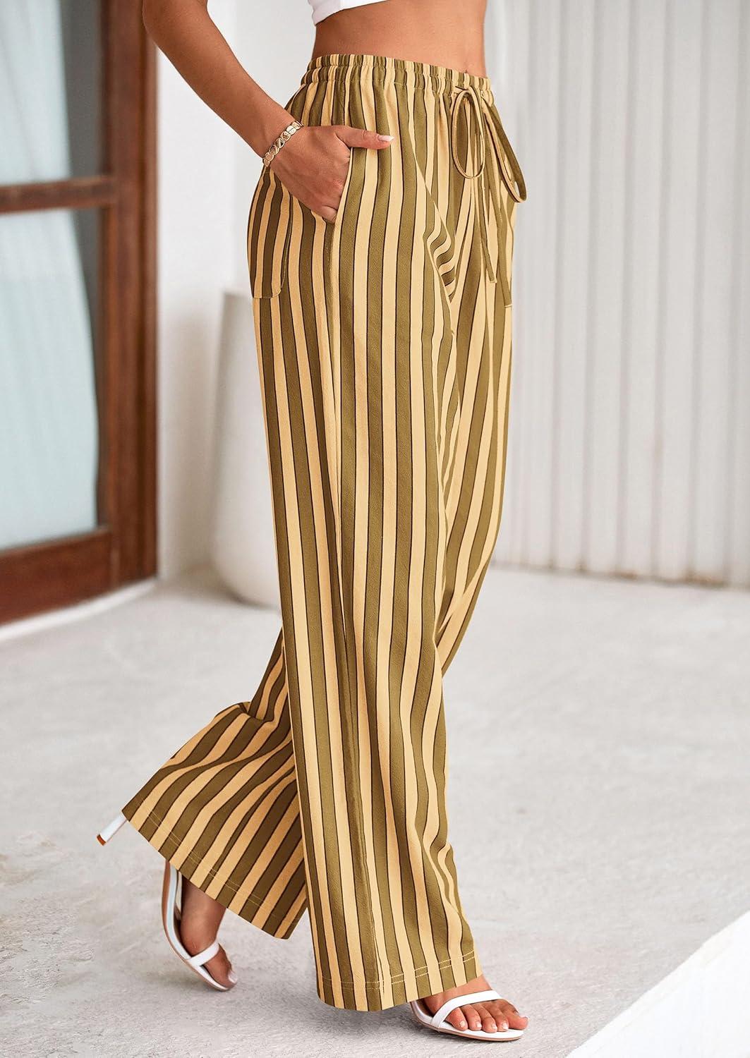 imagePRETTYGARDEN Womens Wide Leg Lounge Pants Spring Summer Drawstring Elastic Waist Comfy Striped Pajama Bottoms Trendy ClothesStriped Khaki Army Green