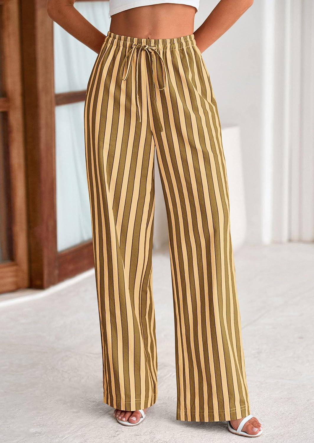 imagePRETTYGARDEN Womens Wide Leg Lounge Pants Spring Summer Drawstring Elastic Waist Comfy Striped Pajama Bottoms Trendy ClothesStriped Khaki Army Green