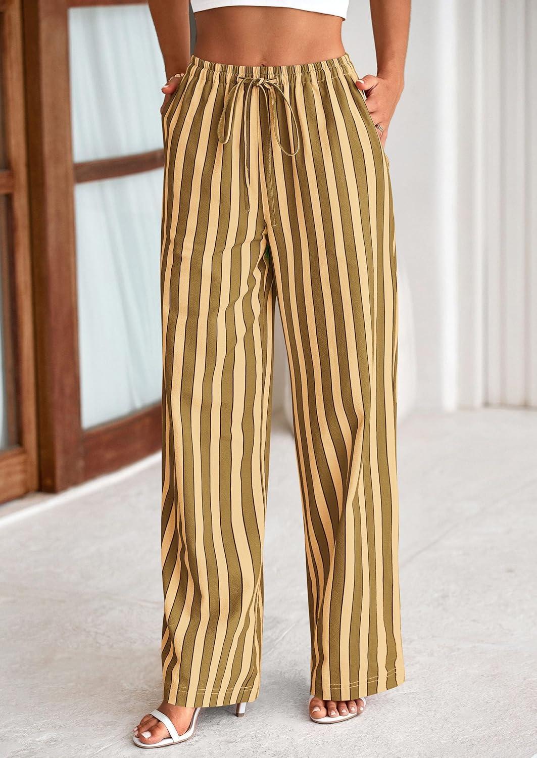 imagePRETTYGARDEN Womens Wide Leg Lounge Pants Spring Summer Drawstring Elastic Waist Comfy Striped Pajama Bottoms Trendy ClothesStriped Khaki Army Green