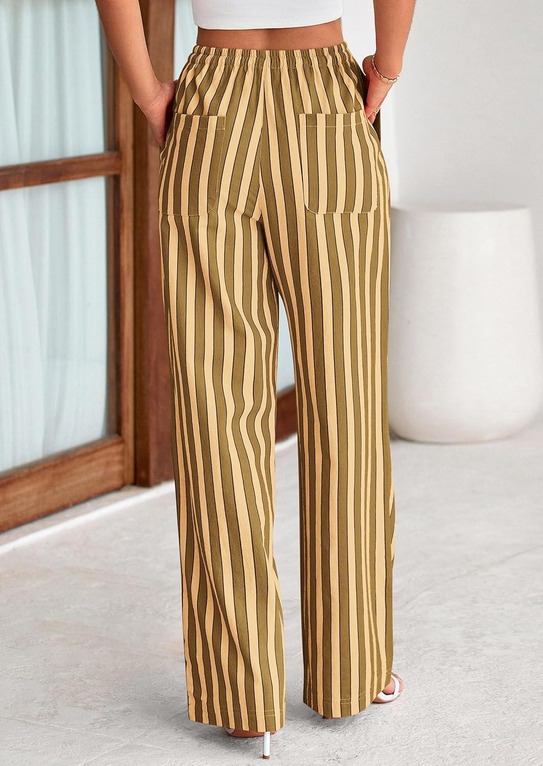 imagePRETTYGARDEN Womens Wide Leg Lounge Pants Spring Summer Drawstring Elastic Waist Comfy Striped Pajama Bottoms Trendy ClothesStriped Khaki Army Green
