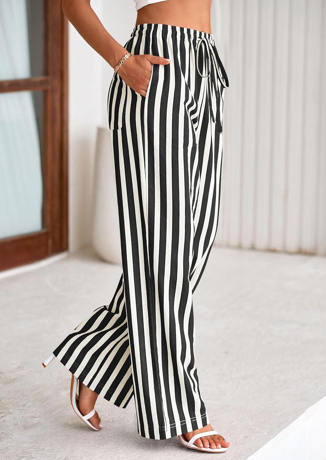 imagePRETTYGARDEN Womens Wide Leg Lounge Pants Spring Summer Drawstring Elastic Waist Comfy Striped Pajama Bottoms Trendy ClothesStriped White Black