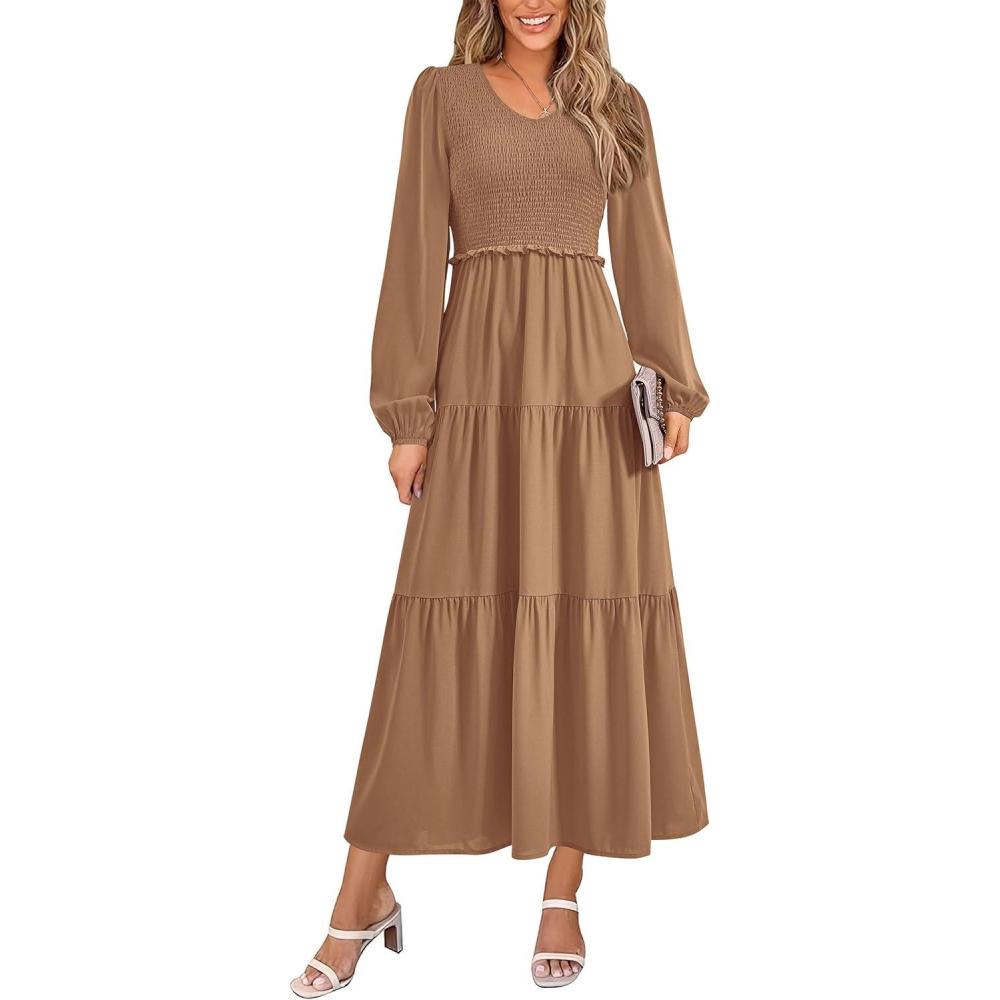 imagePRETTYGARDEN Fall Dresses for Women 2025 Casual Long Sleeve V Neck Smocked A Line Long Flowy Wedding Guest DressKhaki