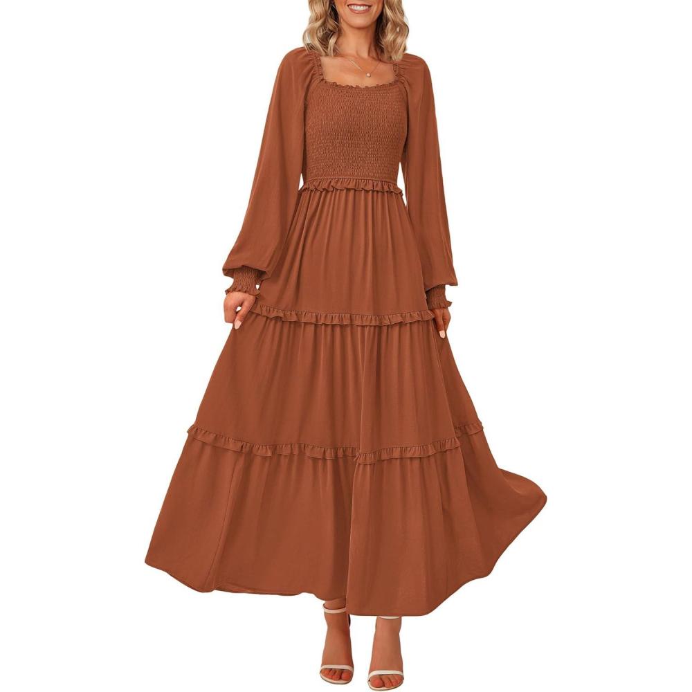imagePRETTYGARDEN Fall Wedding Guest Dresses for Women 2025 Long Sleeve Square Neck Tiered A Line Modest Elegant Flowy DressesBrown